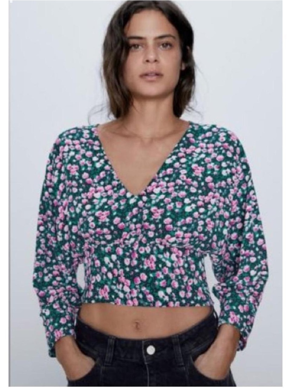 Zara Floral V-Neck Smocked Waist Blouse Pink Green Women’s M